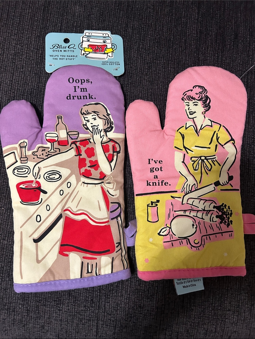 Blue Q Purple & Pink Retro Cartoon Oven Mitts